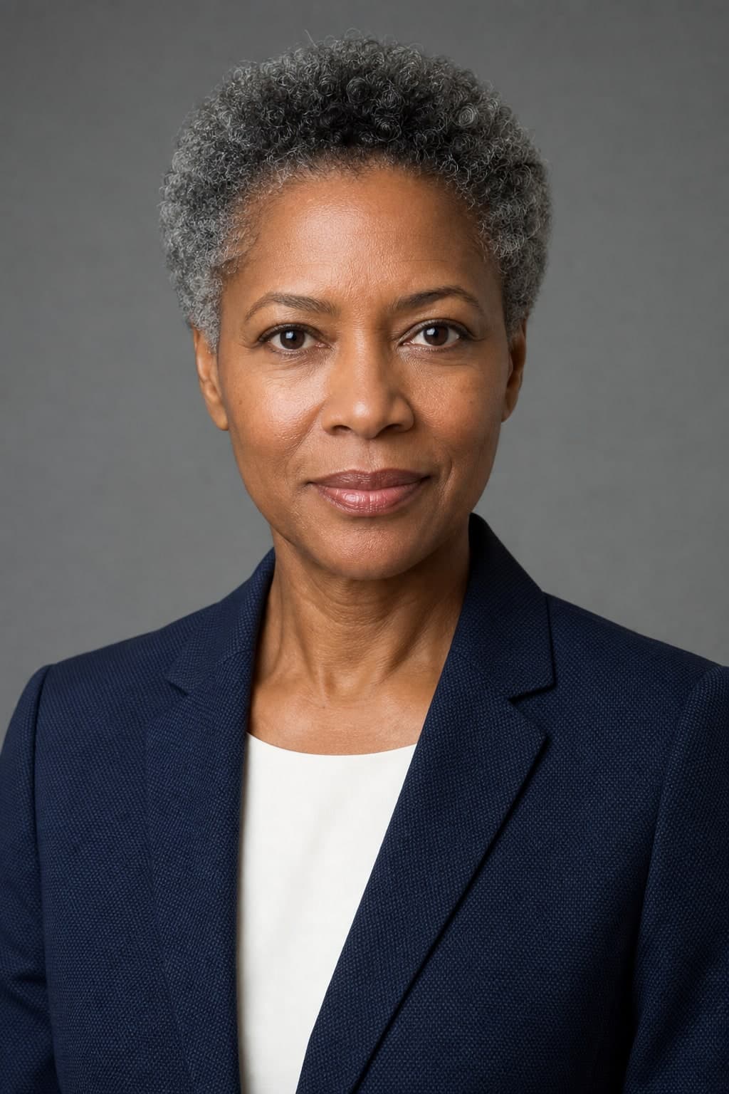 A professional woman in a navy jacket with a very fine tonal birdseye weave against a grey studio background.