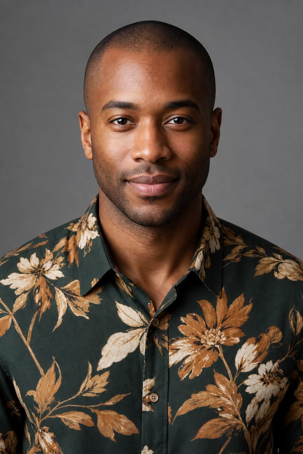 A professional man in a deep green shirt with an ochre and cream botanical print against a grey studio background.
