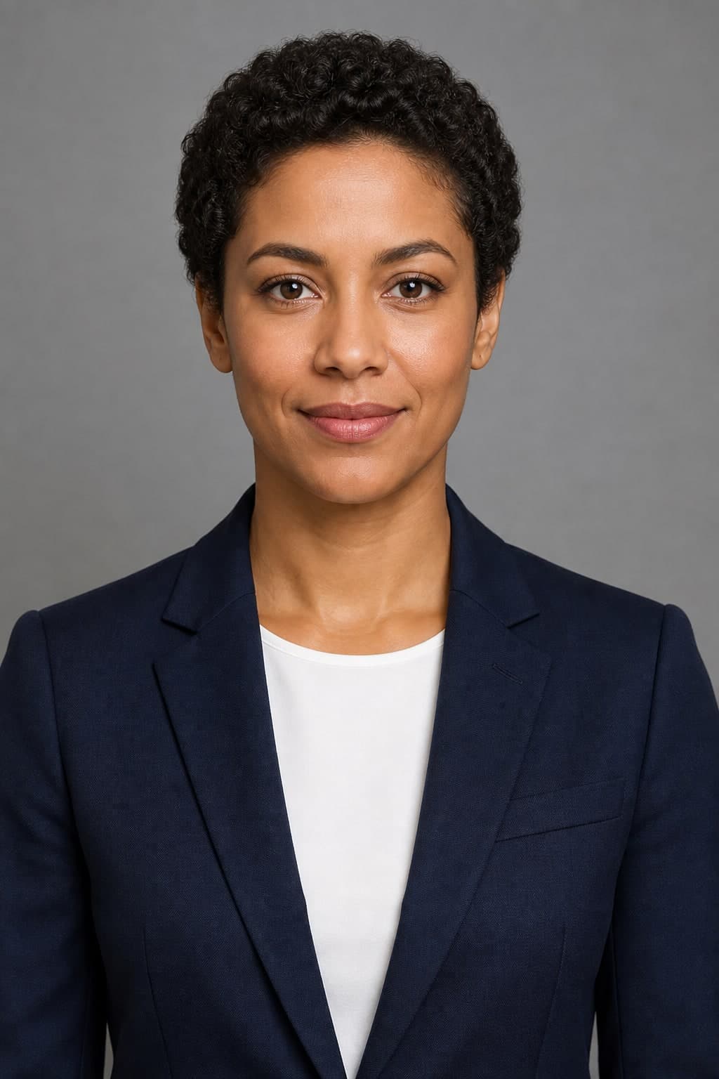 A professional woman in a plain navy blazer over a white top against a grey studio background.