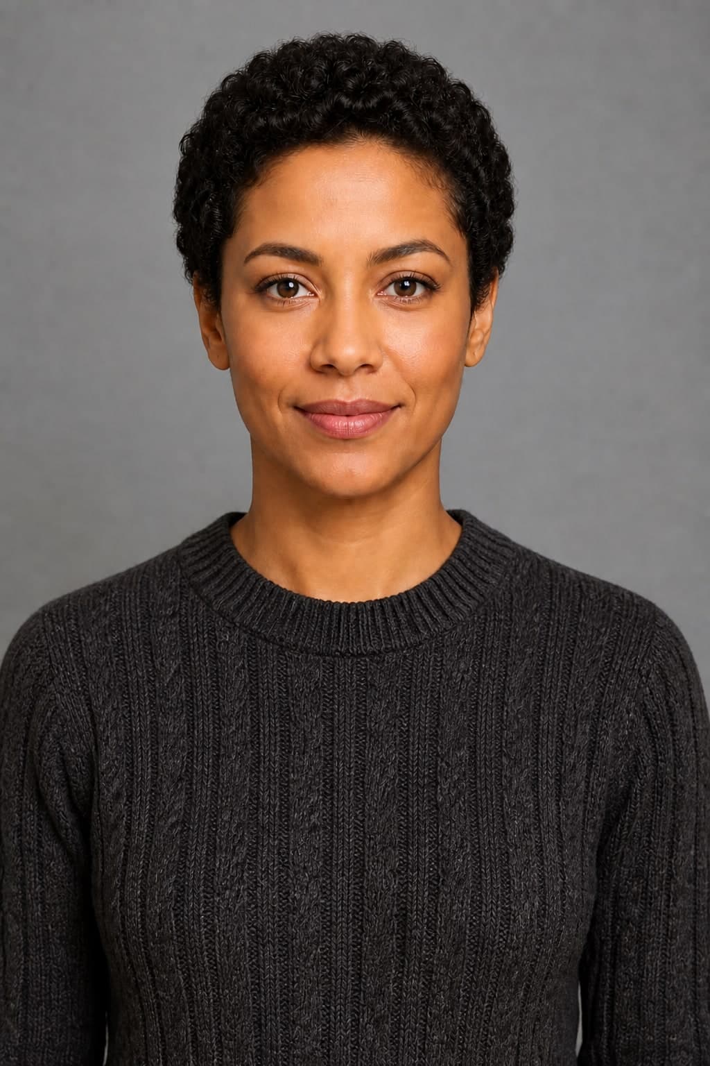 A professional woman in a charcoal cable-knit sweater against a grey studio background.