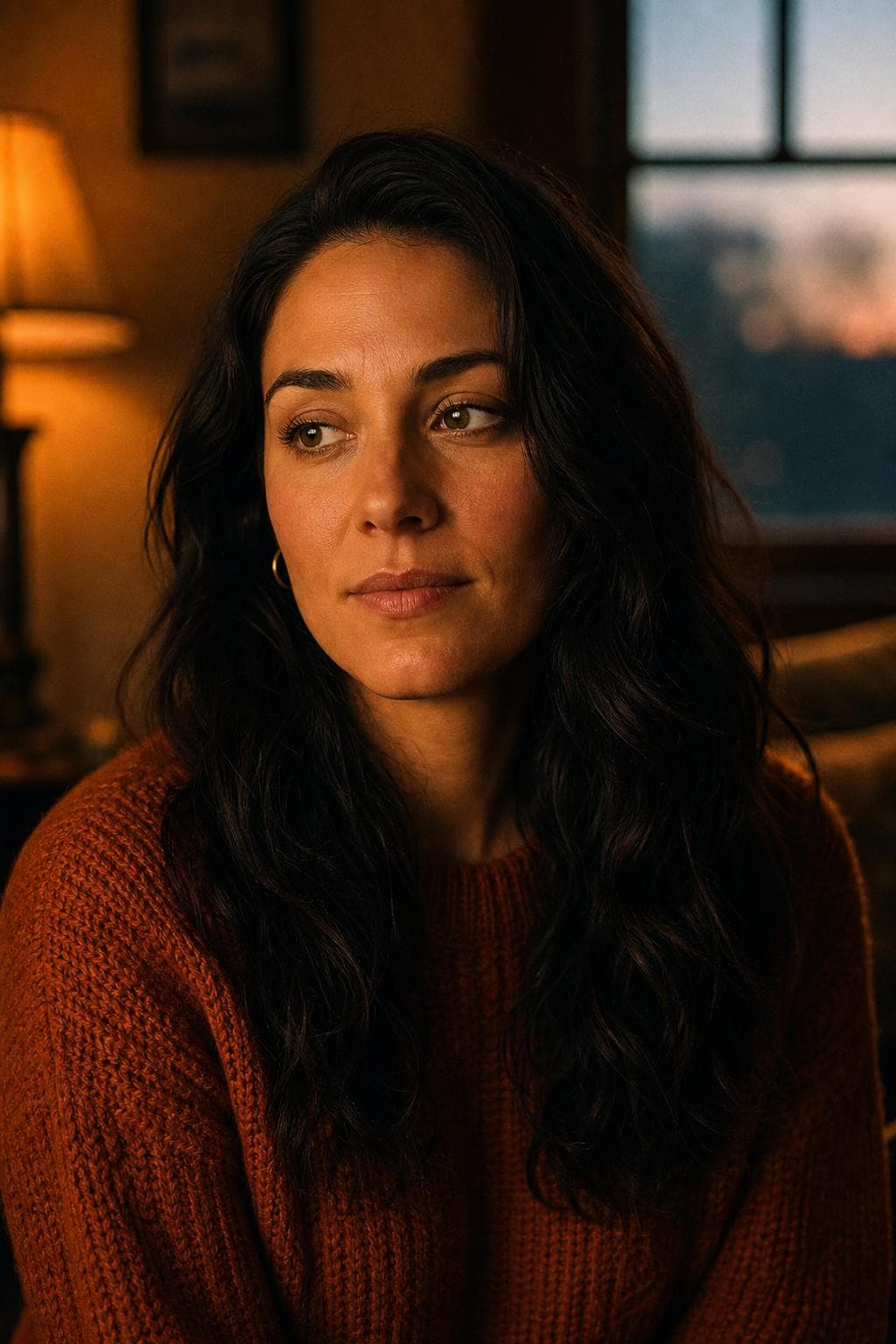 AI profile picture in Instagram style — woman in a rust knit sweater, warm lamplit room, amber film-like grade