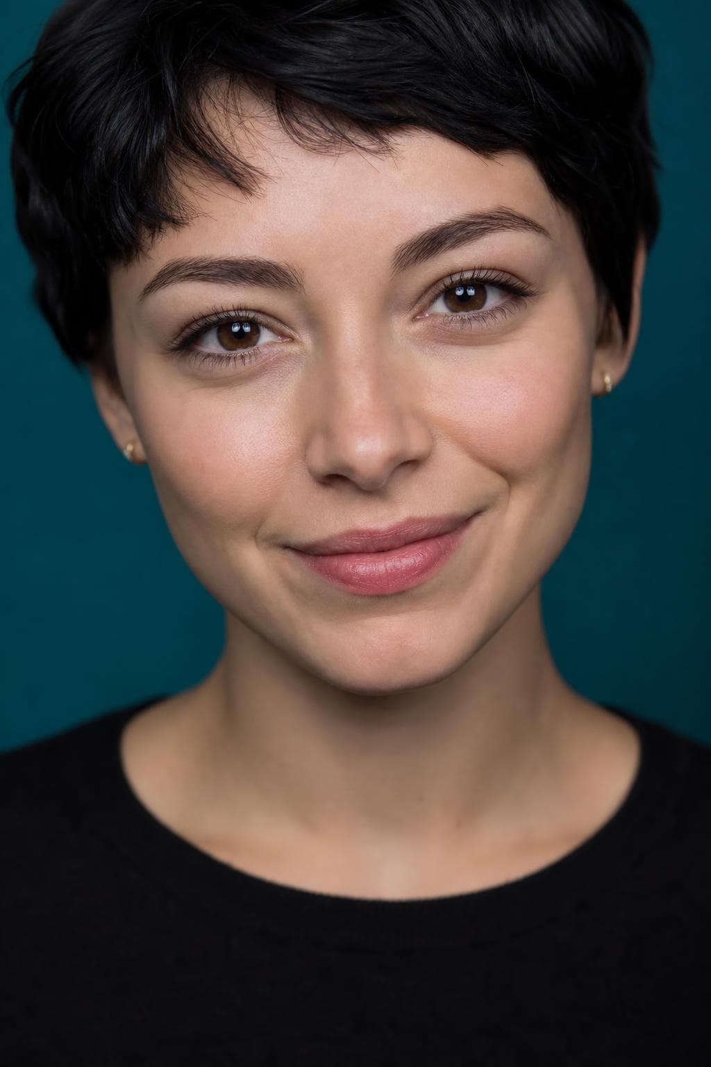 AI profile picture in WhatsApp style — very tight crop, woman in a plain dark top against a deep teal background