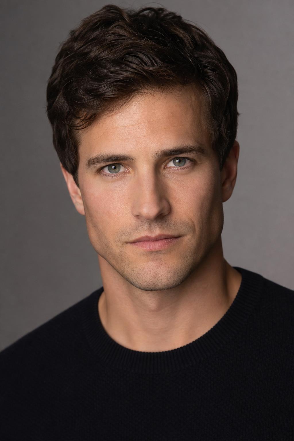 AI-generated actor headshot — direct gaze, butterfly lighting, sharp 85mm focus
