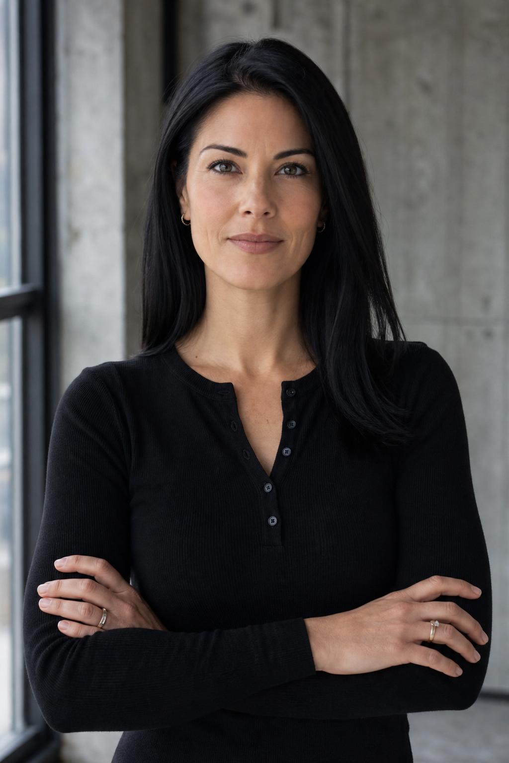 AI-generated founder headshot — woman in dark henley, concrete loft background