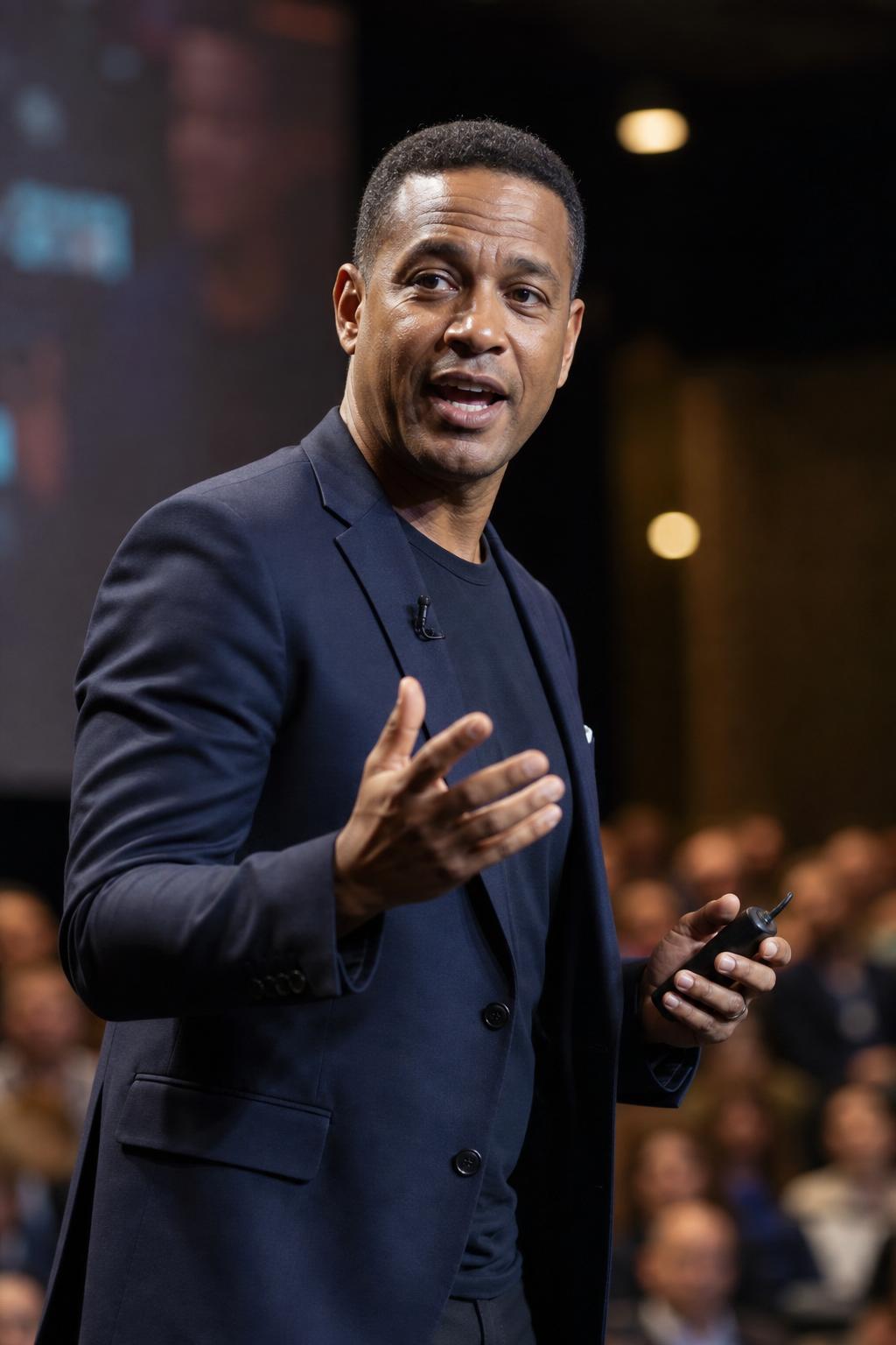 AI-generated speaker headshot — man in blazer, warm stage lighting, bokeh audience